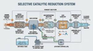 SCR catalyst flow diagram showing NOx reduction process in diesel exhaust aftertreatment