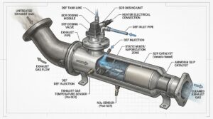 Cummins diesel engine SCR system with DEF injector and exhaust aftertreatment components