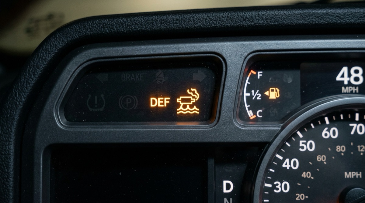 Truck dashboard showing emissions system warning light