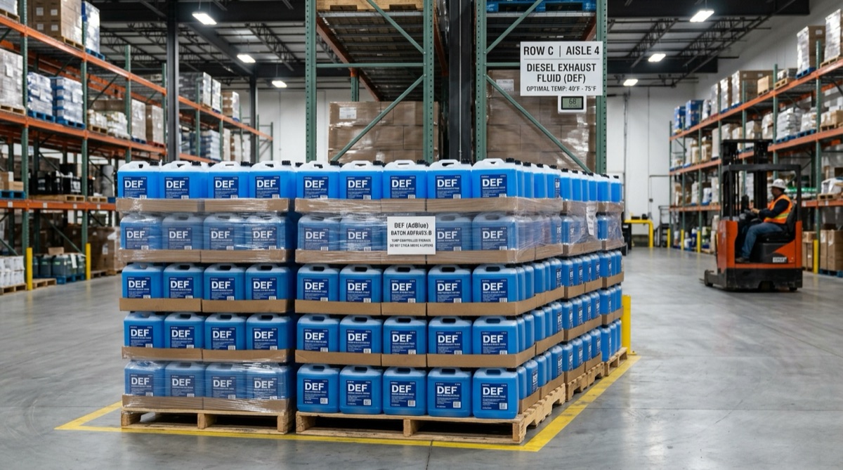 DEF injector brand compatibility guide showing multiple diesel truck brands in warehouse facility