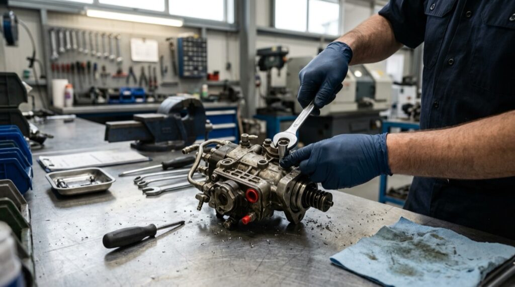 Professional mechanic inspecting OEM DEF injector during custom manufacturing