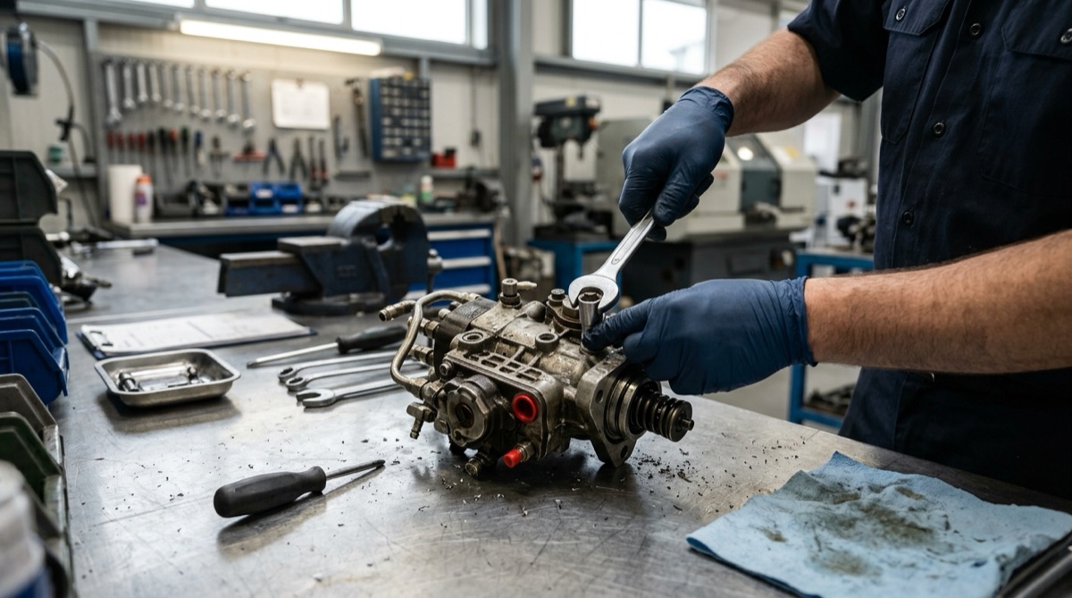 Professional mechanic inspecting OEM DEF injector during custom manufacturing