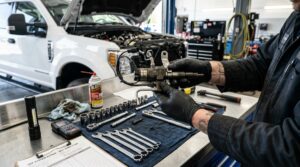 Professional diesel mechanic performing DEF injector replacement on heavy-duty truck