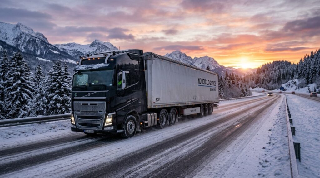 Heavy duty diesel truck operating in cold winter snow with DEF system freeze protection