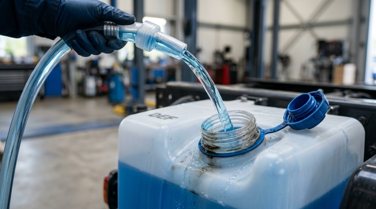 Mechanic pouring high-quality Diesel Exhaust Fluid into a truck tank