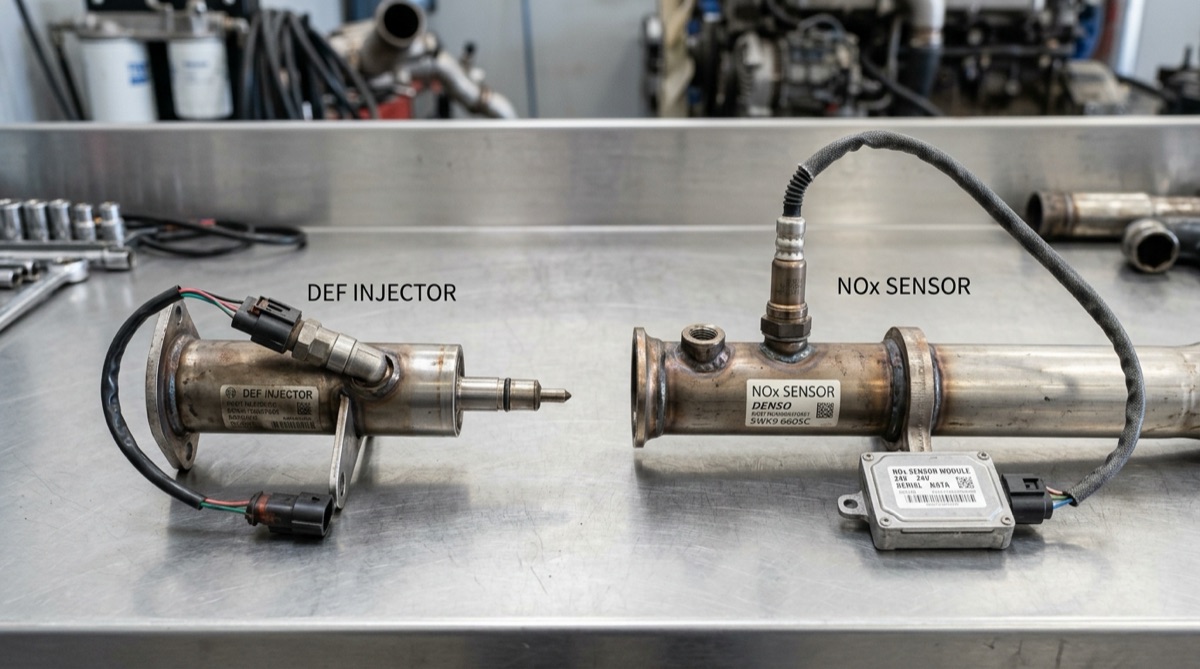 Comparison between a DEF injector and a NOx sensor on a workbench