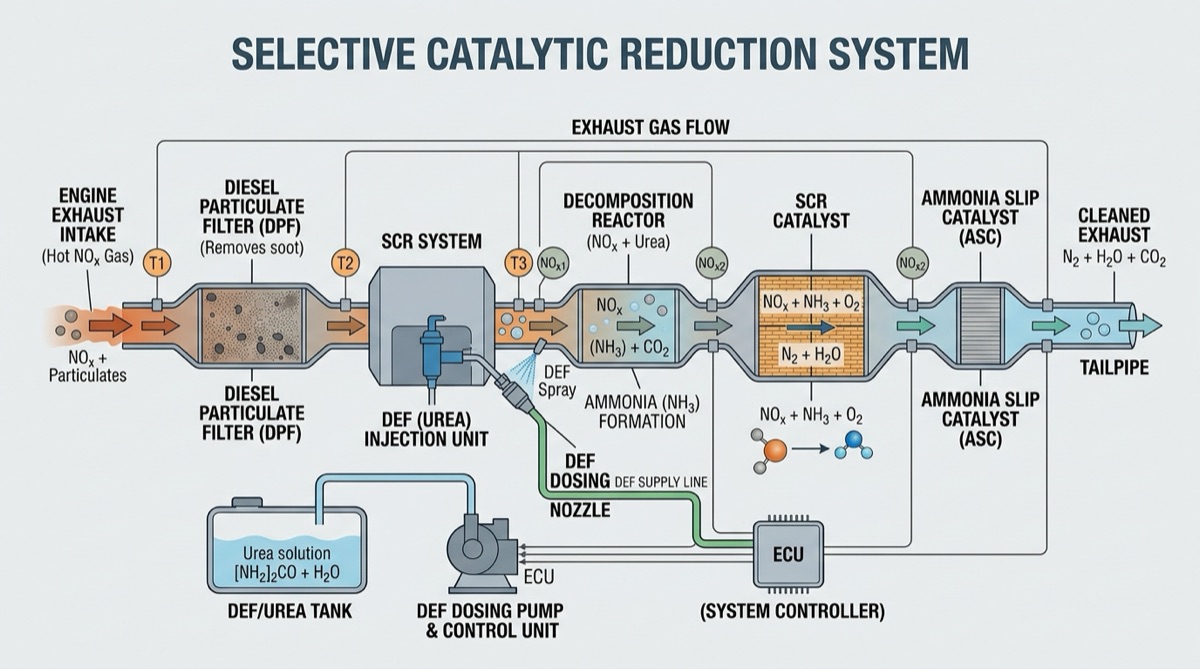 SCR catalyst flow diagram showing NOx reduction process in diesel exhaust aftertreatment