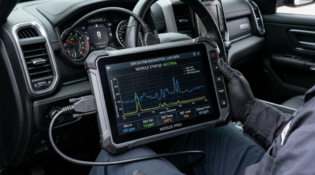 Master technician using advanced oscilloscope for SCR system diagnostics