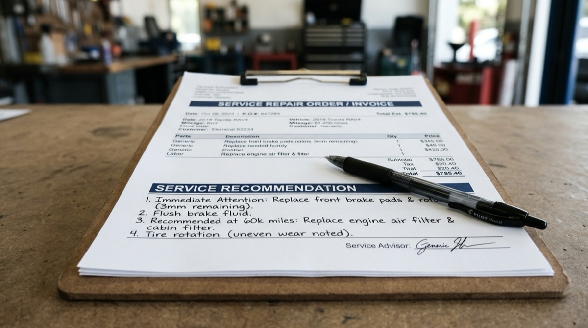 Close-up of a service invoice for SCR system repairs