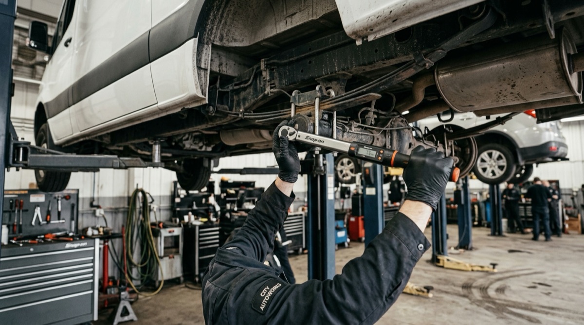 Mechanic installing a new DEF dosing valve on a delivery van
