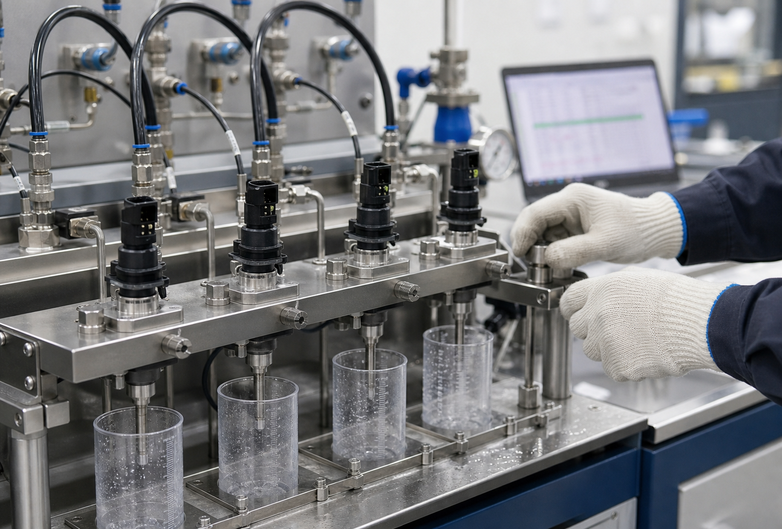 DEF injector flow calibration bench testing